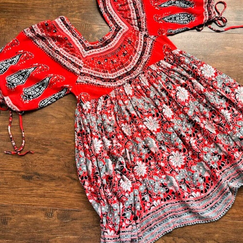 Free People Red Floral Paisley Tunic Dress - Size S - Festival Style